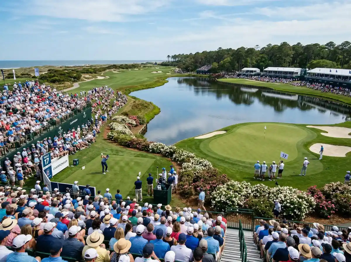 Vista panorámica de un campo de golf durante un torneo Major con tribunas llenas de espectadores