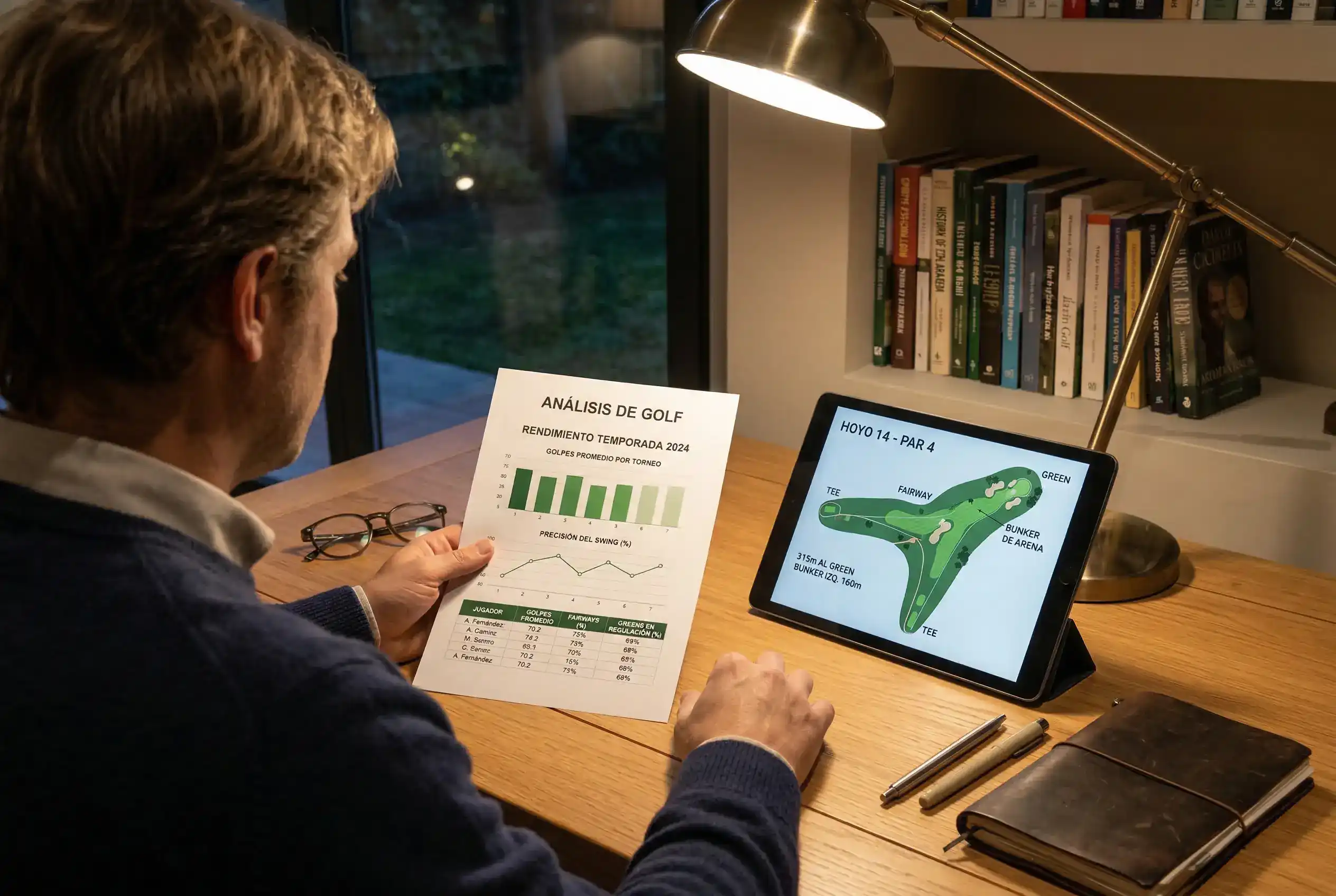 Analista deportivo revisando estadísticas de Strokes Gained de jugadores de golf en una mesa de trabajo con documentos y gráficos
